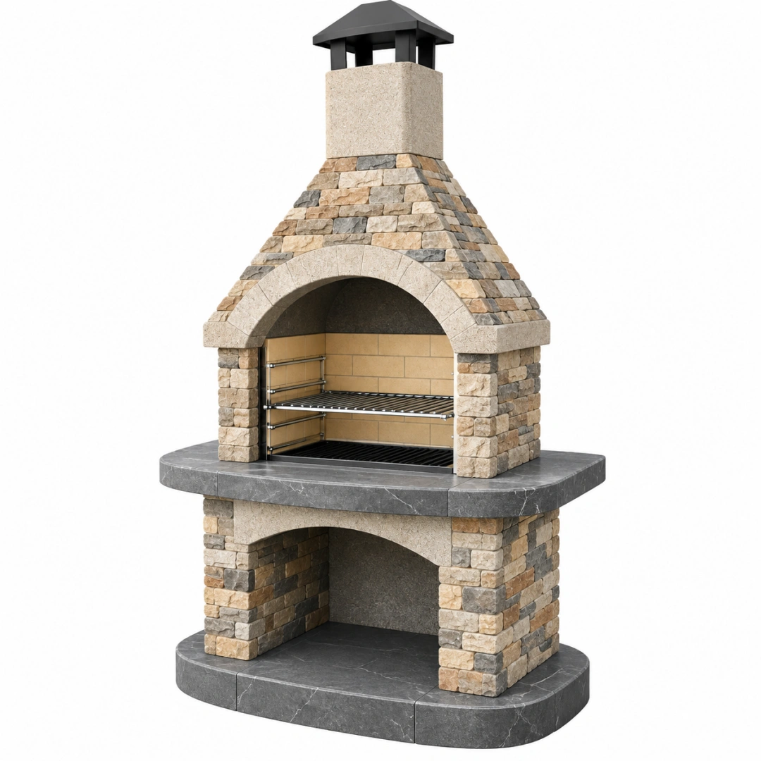 Barbacoa de obra 120 x 80 x 220 cm de piedra beige y gris con chimenea para exterior