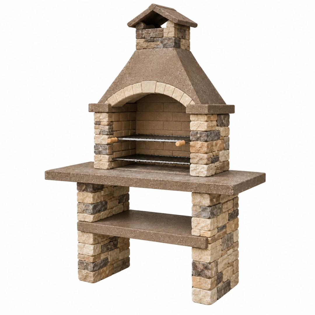 Barbacoa de obra 120 x 70 x 210 cm de piedra marrón beige y gris con chimenea y parrillas metálicas