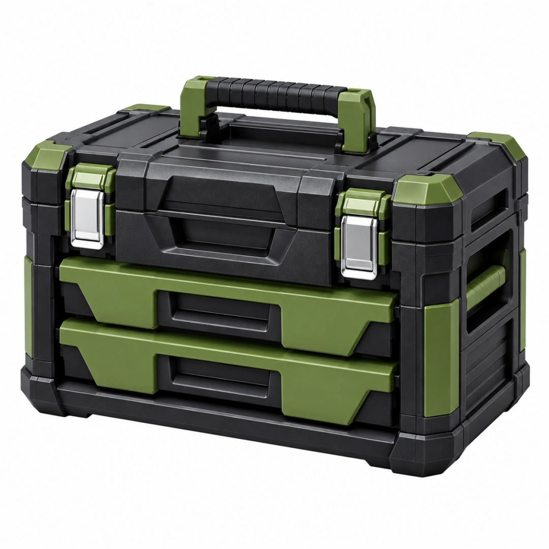 Caja de herramientas 52 x 30 x 35 cm de plástico negro y verde con 2 cajones y asa portátil