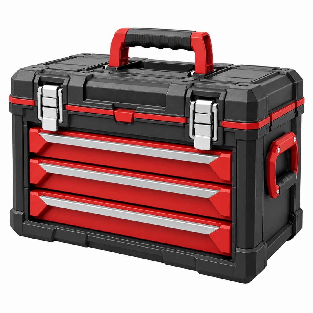 Caja de herramientas 50 x 28 x 35 cm de plástico negro y rojo con 3 cajones portátil