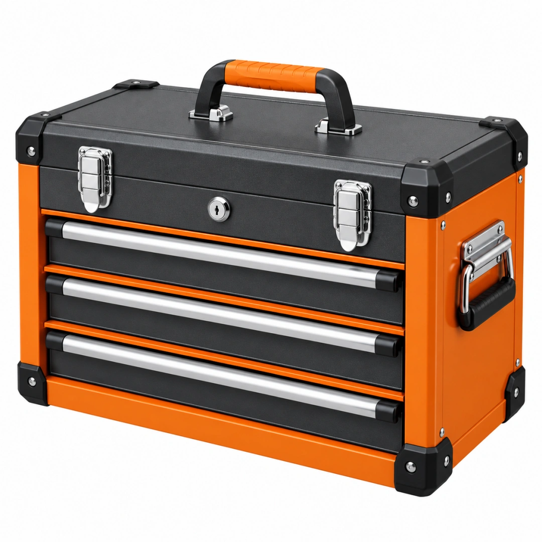 Caja de herramientas 50 x 25 x 35 cm de acero negro/naranja con 3 cajones y cerradura