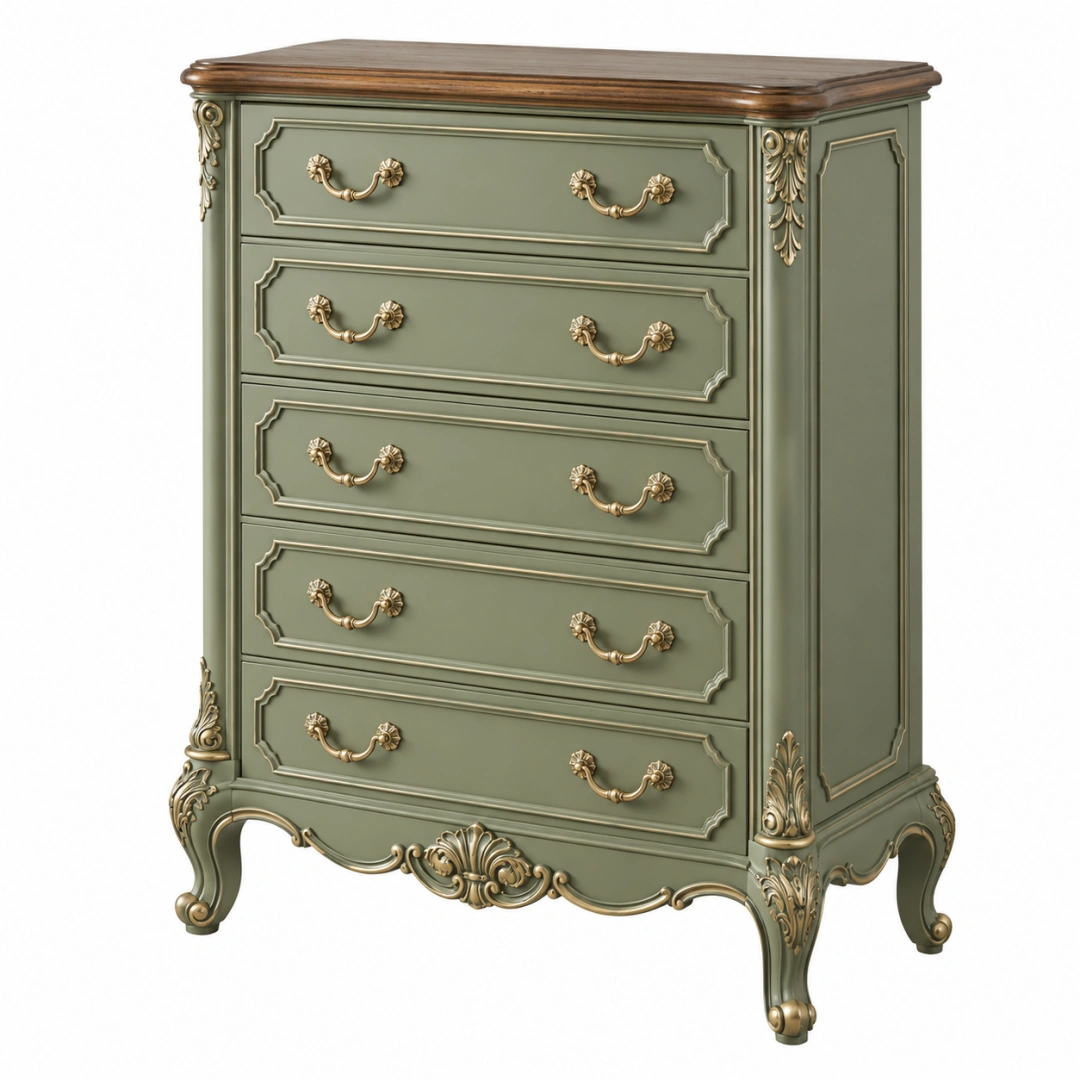 Cómoda de 5 cajones 90 x 45 x 120 cm de madera verde estilo clásico