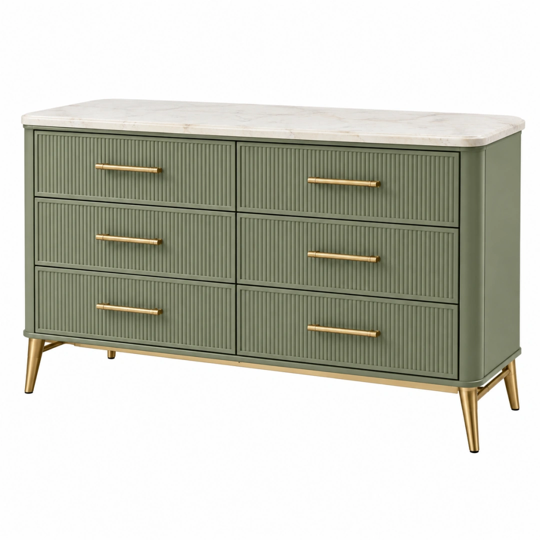 Cómoda 140 x 45 x 85 cm de madera verde con seis cajones para dormitorio de estilo retro
