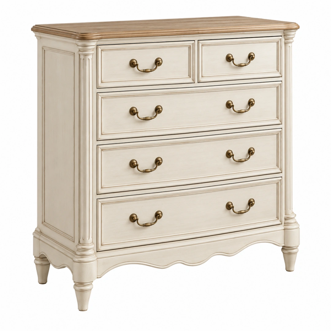 Cómoda 100 x 45 x 120 cm de madera color crema estilo clásico con 5 cajones