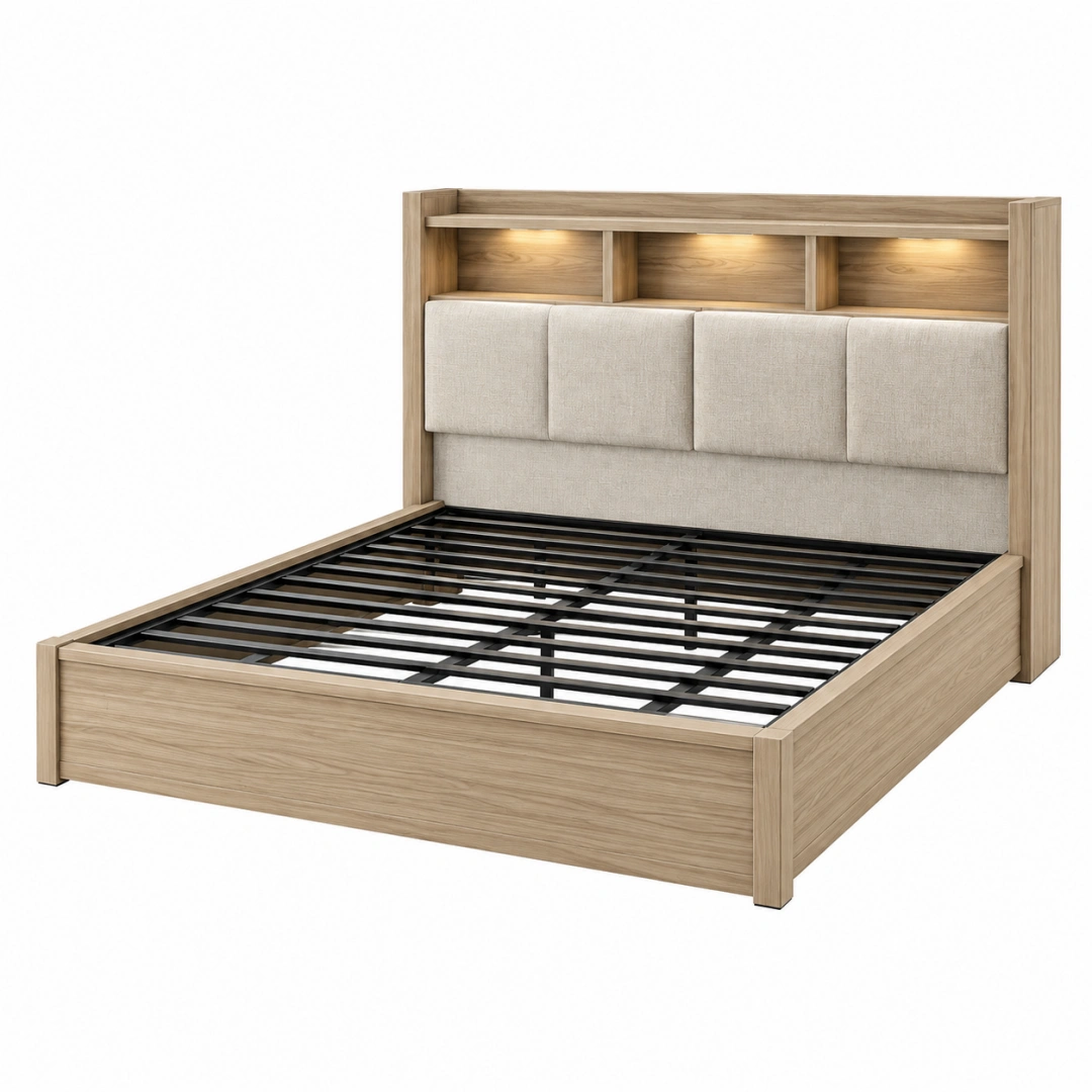 Cama 160 x 200 cm de madera color roble con cabecero tapizado e iluminación integrada