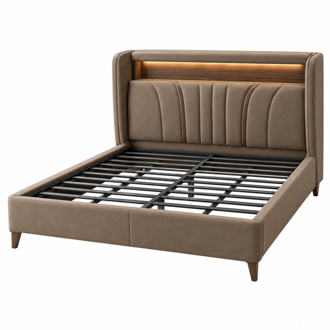 Cama tapizada 160 x 200 cm marrón con somier de lamas e iluminación integrada