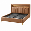 Cama doble 160 x 200 cm tapizada en polipiel marrón con cabecero acolchado e iluminación integrada