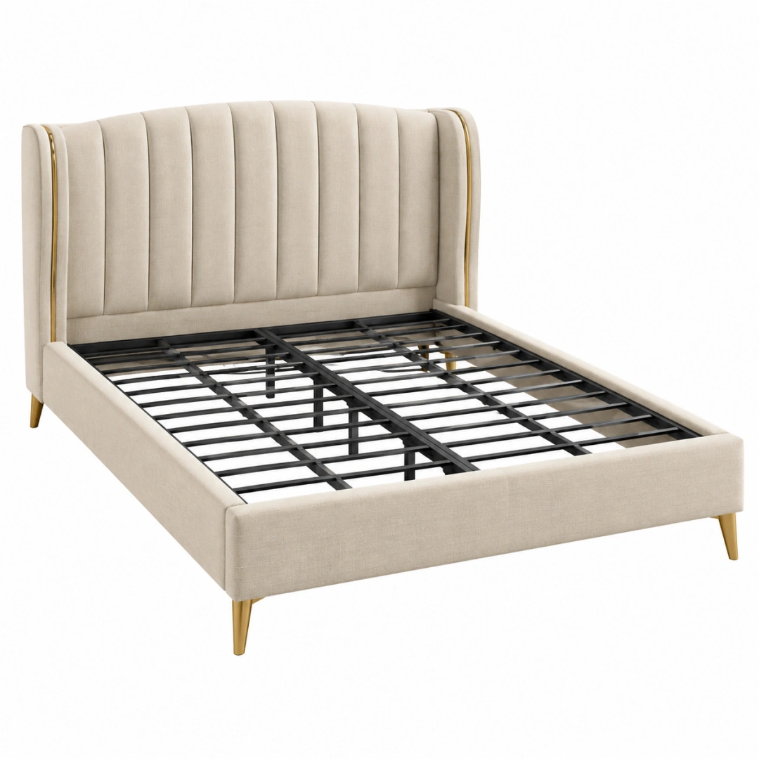 Cama tapizada 160 x 200 cm beige con somier metálico estilo moderno
