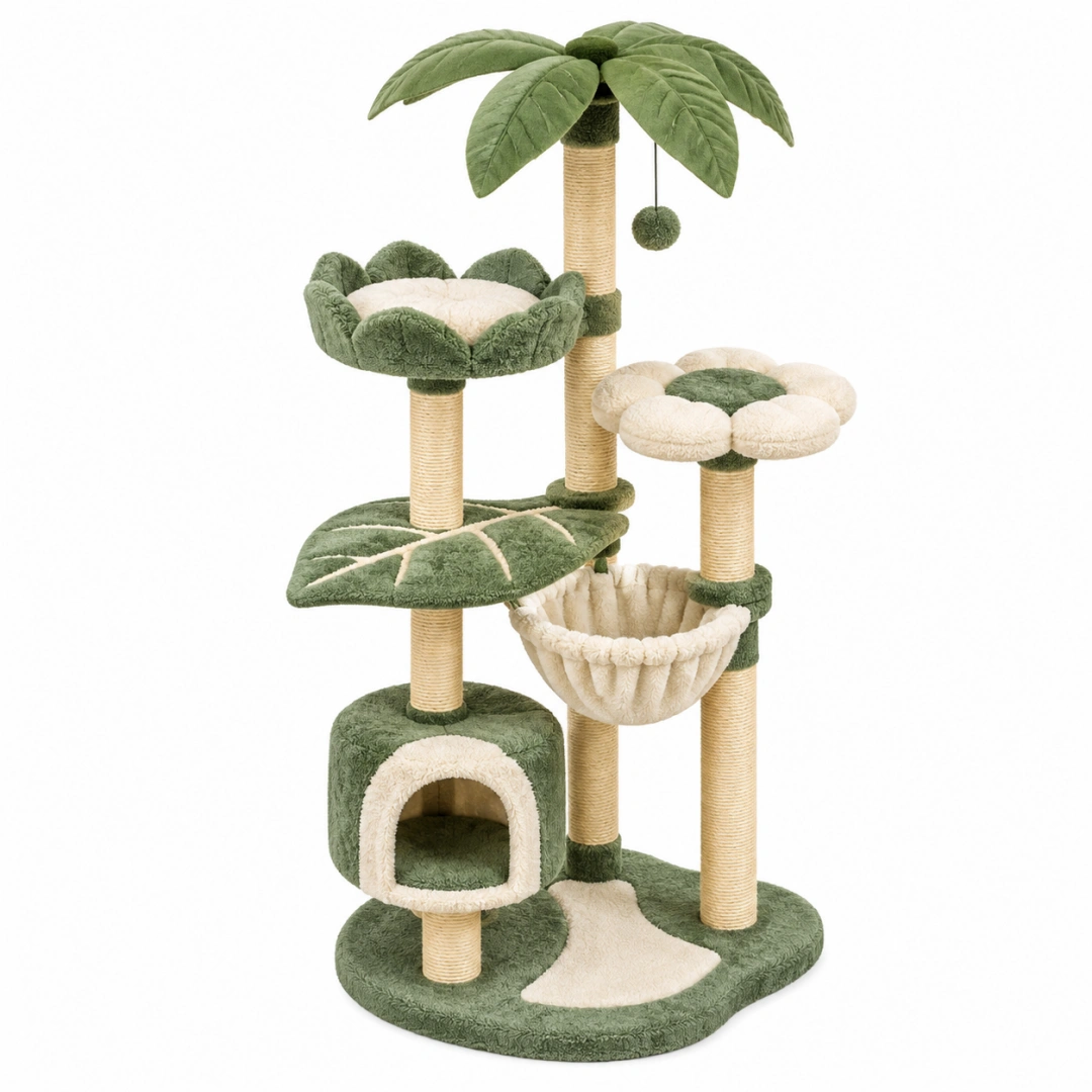 Árbol rascador para gatos 60 x 50 x 160 cm verde y beige de sisal con refugio y hamaca