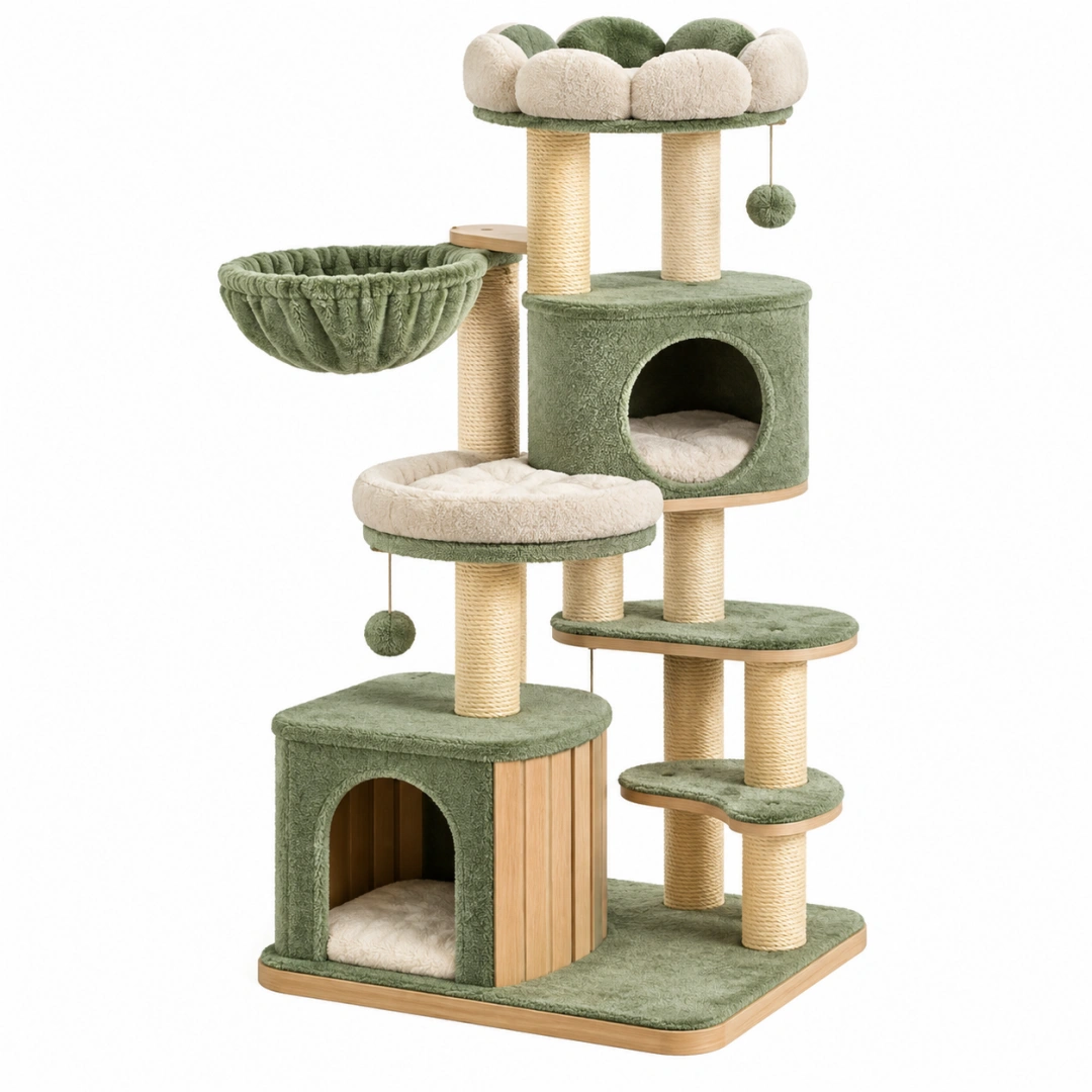 Árbol para gatos 60 x 50 x 160 cm verde y beige de madera sisal y felpa con refugios y hamaca
