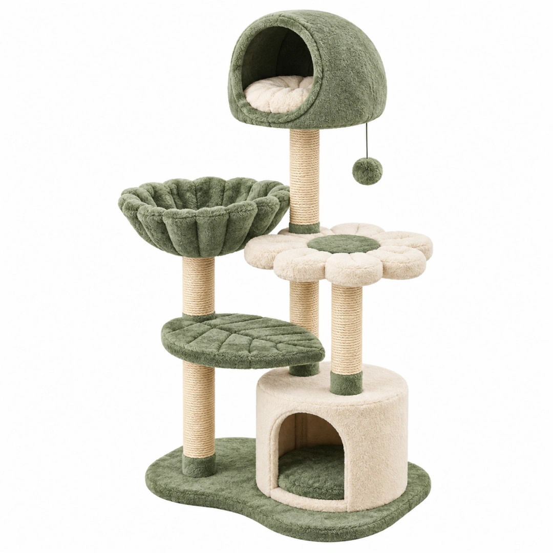 Árbol rascador para gatos 60 x 50 x 135 cm de felpa verde y beige con sisal