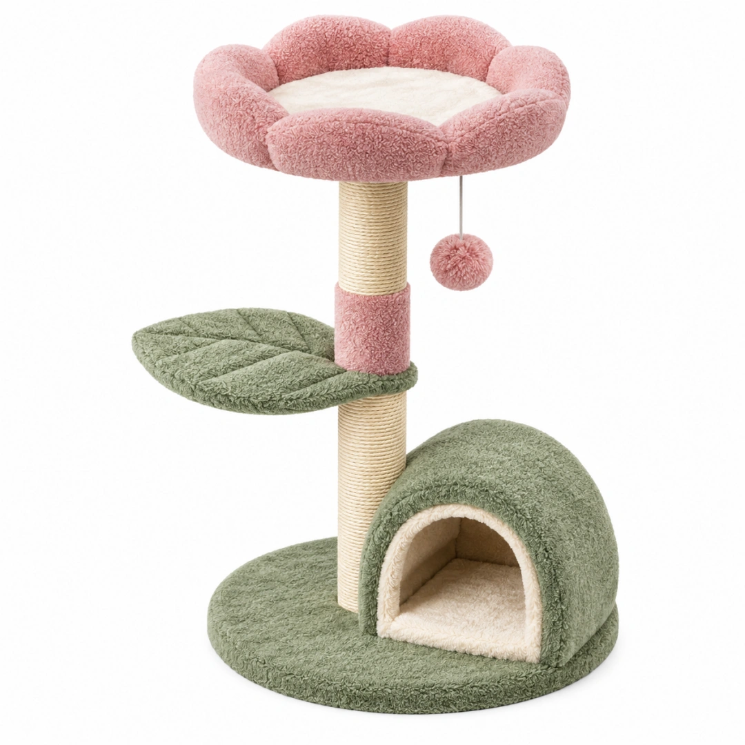 Árbol rascador para gatos 55 x 55 x 120 cm de felpa rosa y verde con sisal zona de descanso y juego