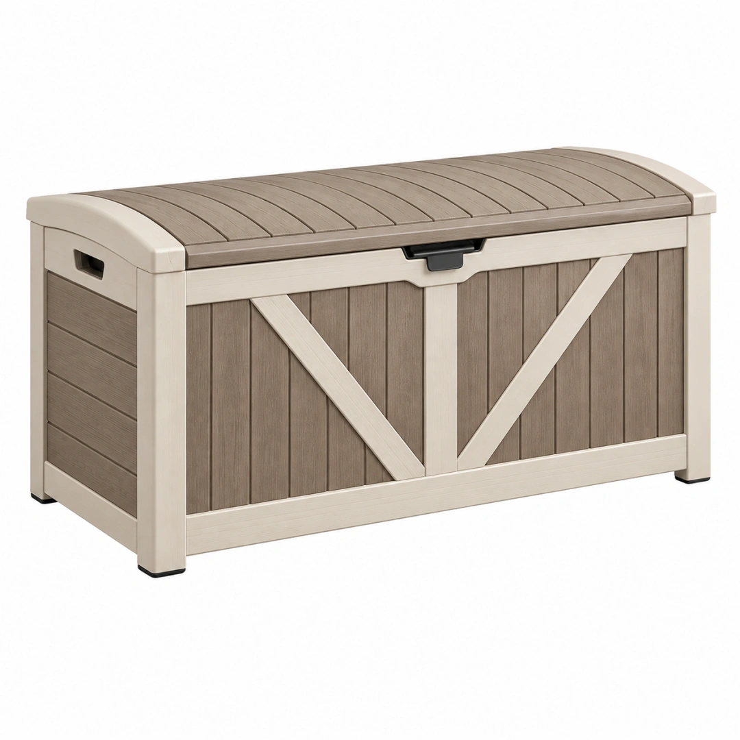 Arcón de almacenaje 120 x 60 x 65 cm de resina beige y marrón para exterior con tapa