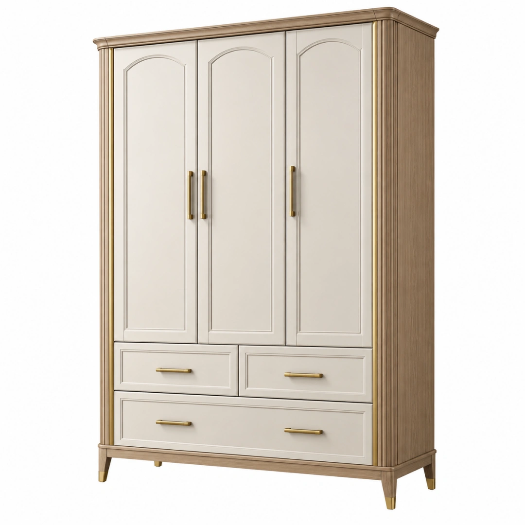 Armario 150 x 60 x 200 cm de madera beige y natural con 3 puertas y 3 cajones estilo clásico