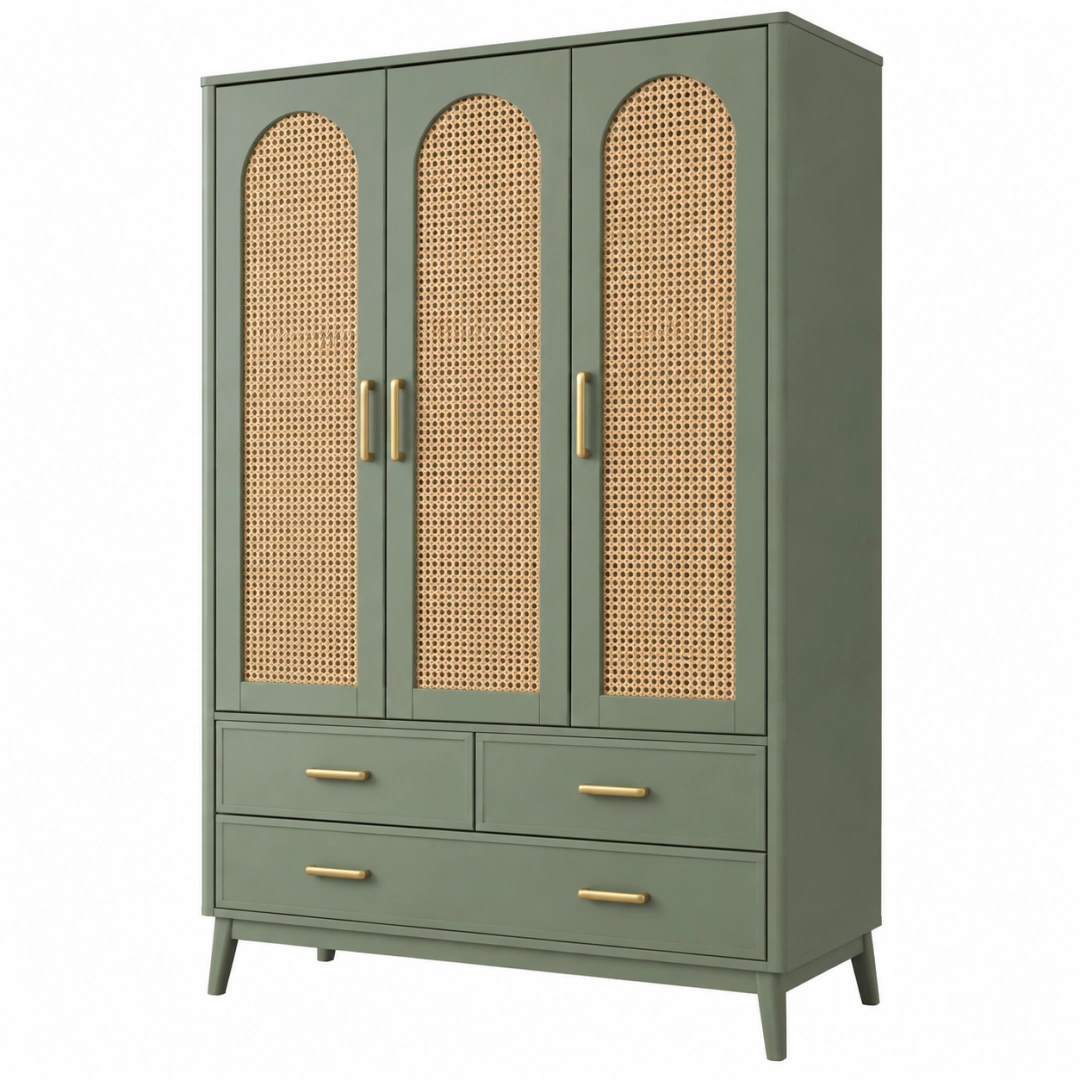 Armario 120 x 55 x 190 cm verde salvia con rejilla de ratán y 3 puertas