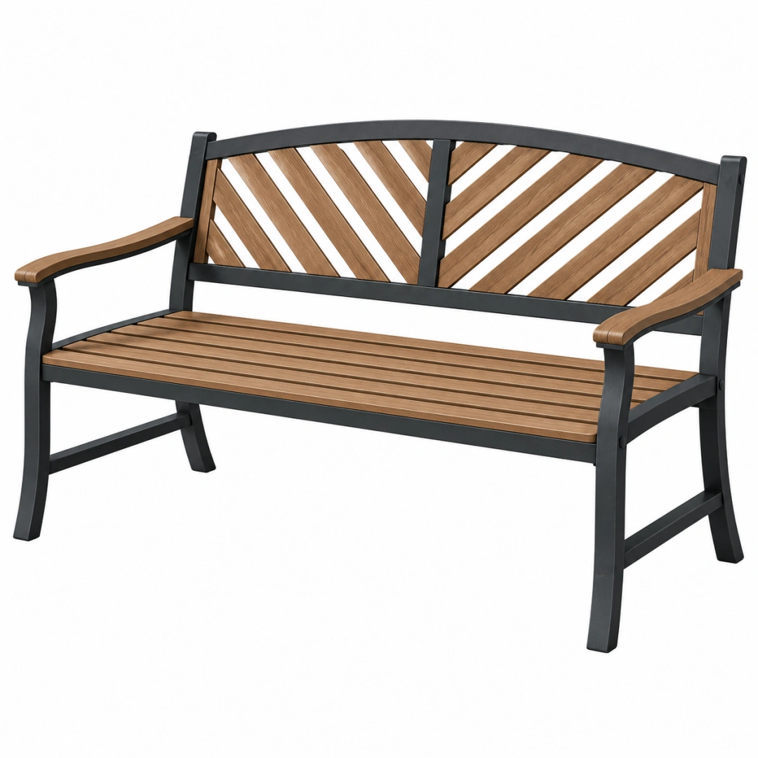 Banco de jardín 122 x 62 x 88 cm de madera y metal marrón negro con respaldo