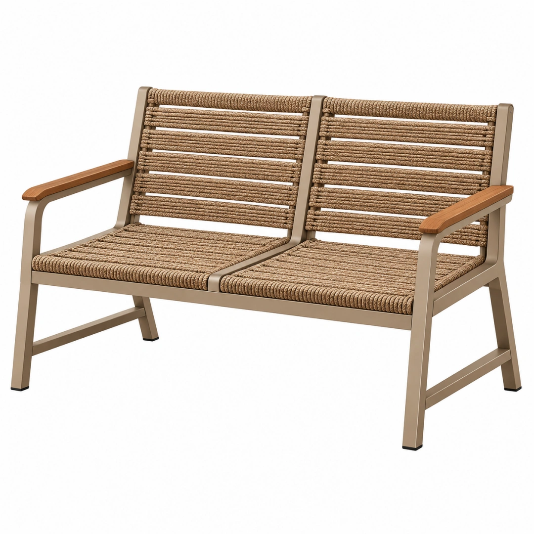 Banco de jardín 120 x 65 x 85 cm de aluminio y cuerda trenzada beige con reposabrazos de madera