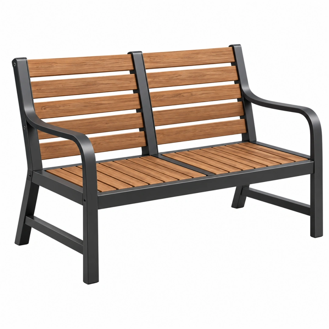 Banco de jardín 120 x 65 x 85 cm de madera y metal marrón negro con reposabrazos