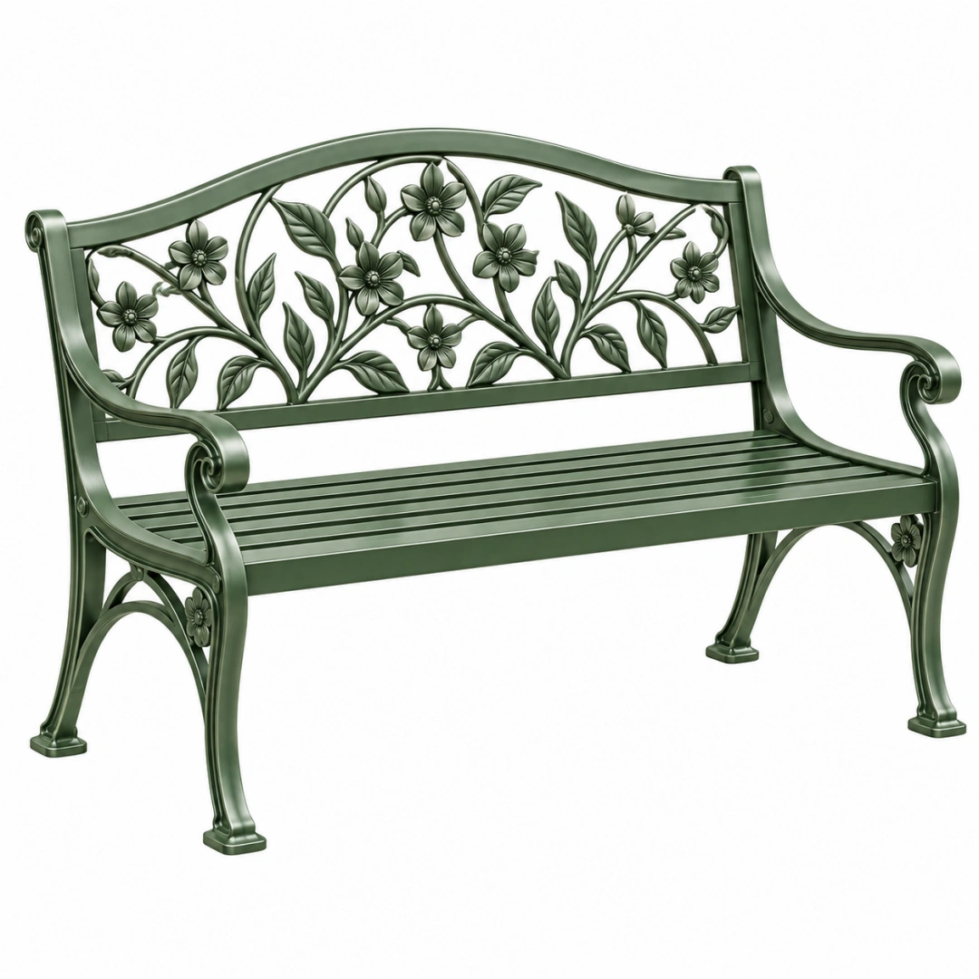 Banco de jardín 125 x 60 x 92 cm de metal verde con respaldo floral